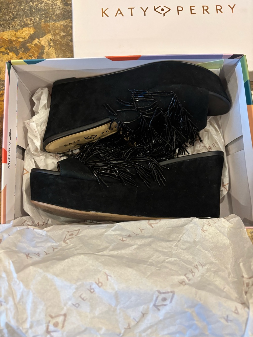 Katy Perry Collections Black Beaded Suede Wedge Sandals